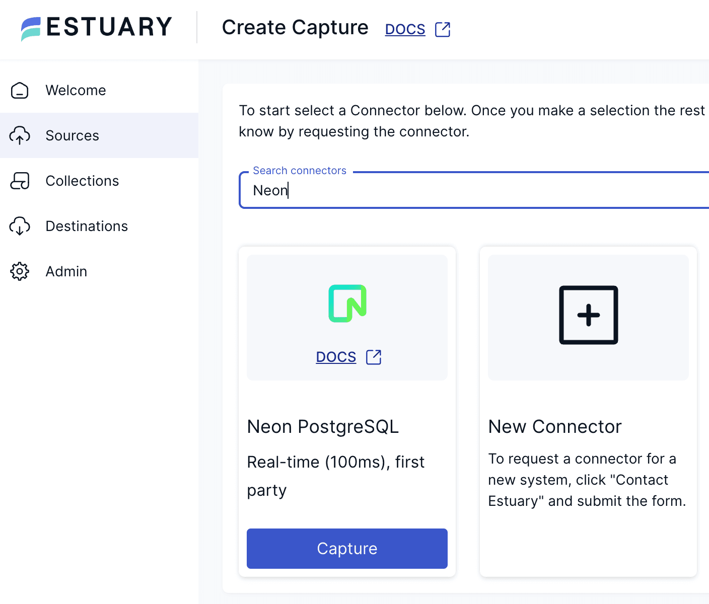 Creating a Neon capture connector in Estuary Flow